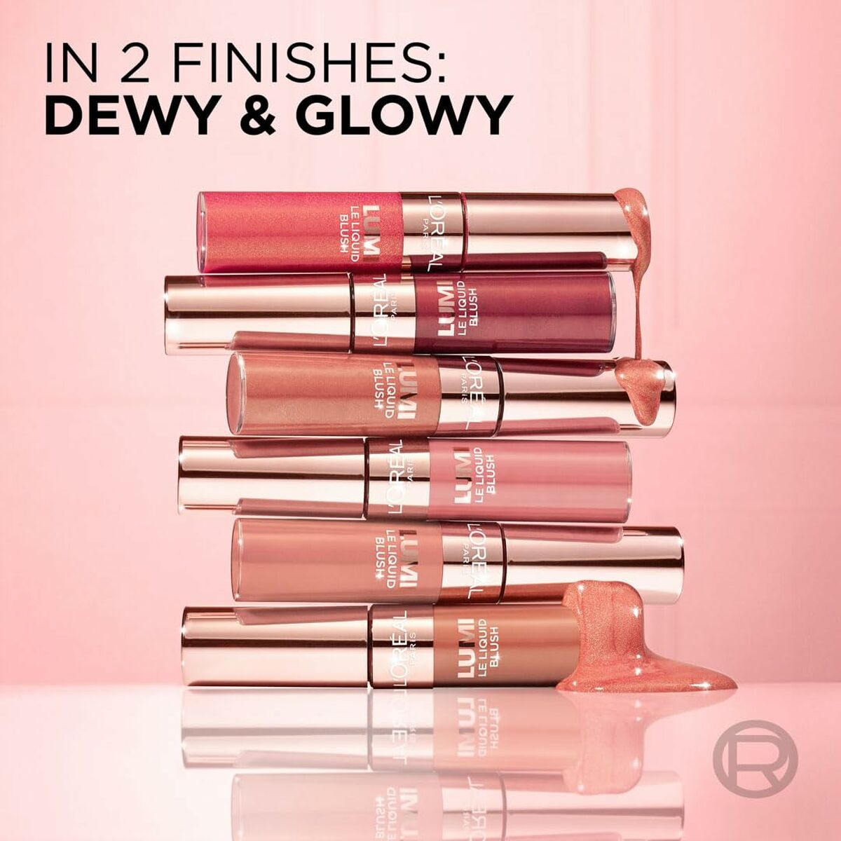 Set de maquillage L'Oreal Make Up LUMI en deux finitions : déwy et glowy, présenté en tubes rose.