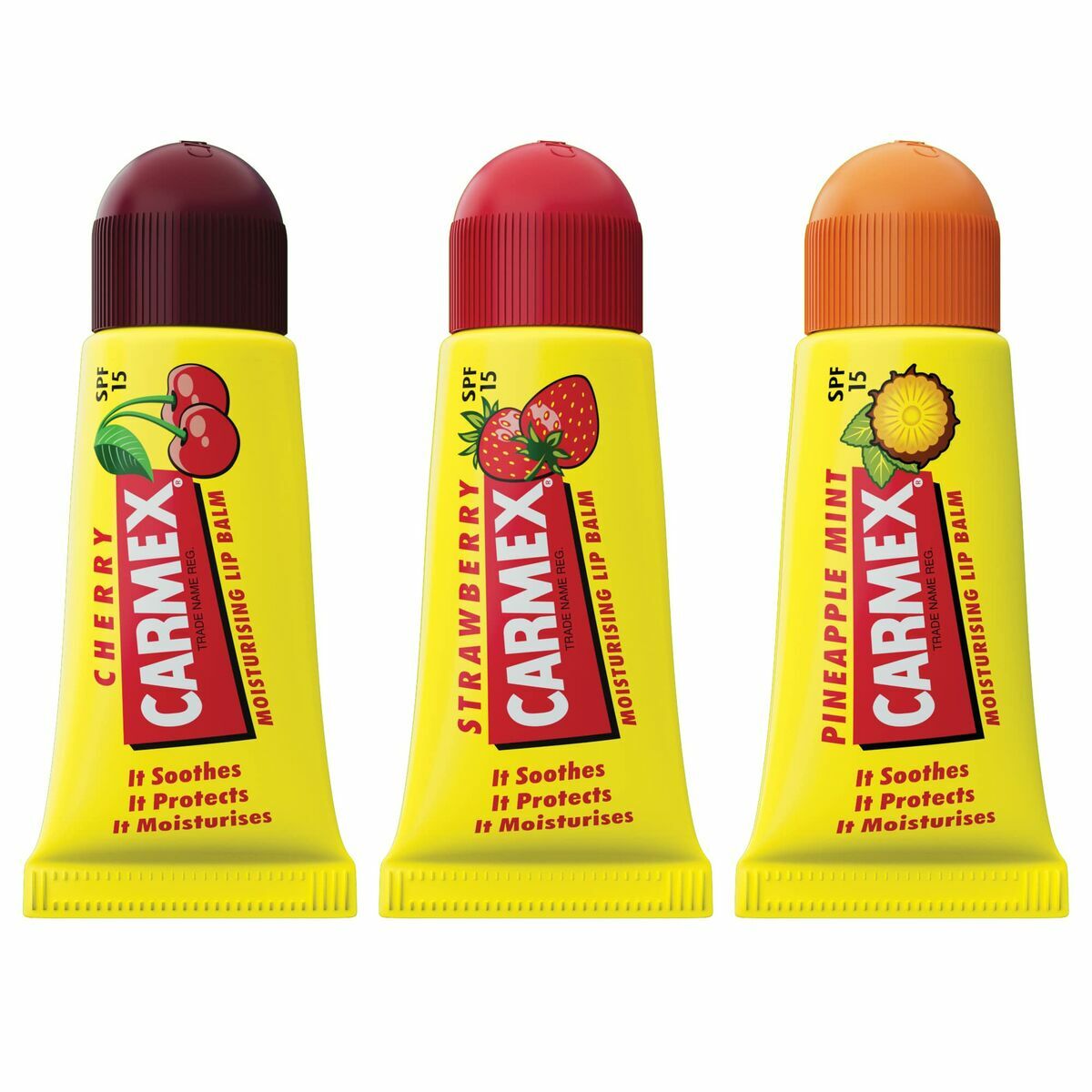Carmex moisturizing lip balm trio: Cherry, Strawberry, Pineapple Mint with SPF 15 for hydrated lips.