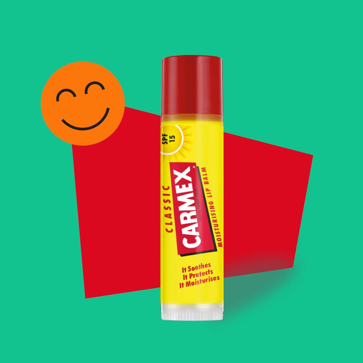 Carmex Classic Yellow Black SPF 15 Lip Balm Stick on a colorful background.