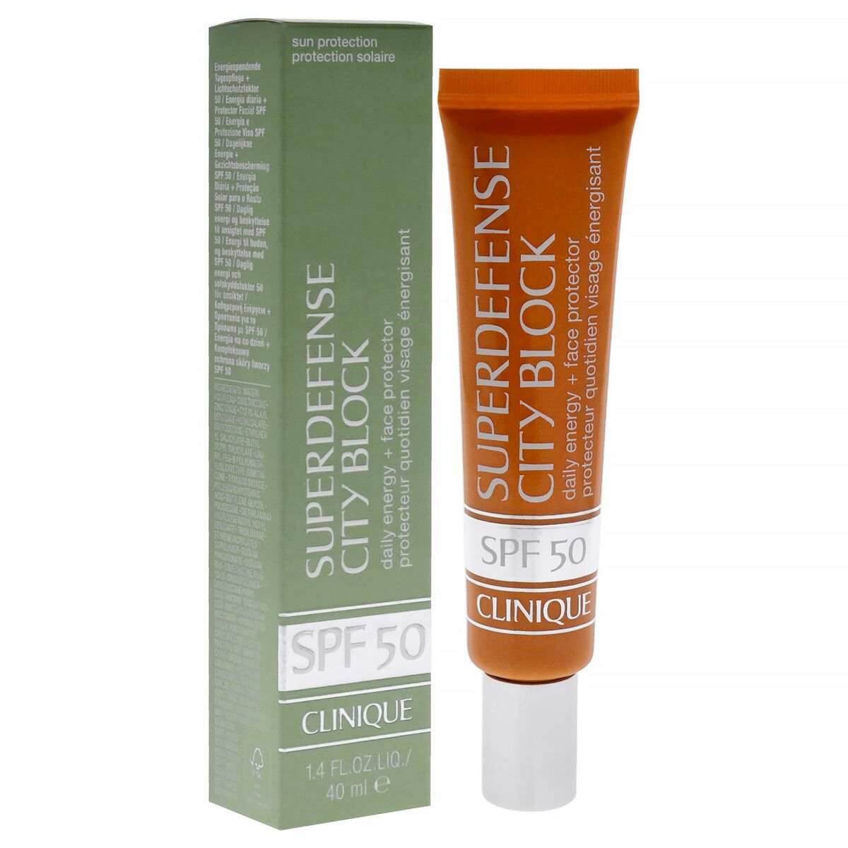 Protecteur Solaire Clinique Superdefense SPF 50, tube de 40 ml avec emballage, soin solaire unisexe.