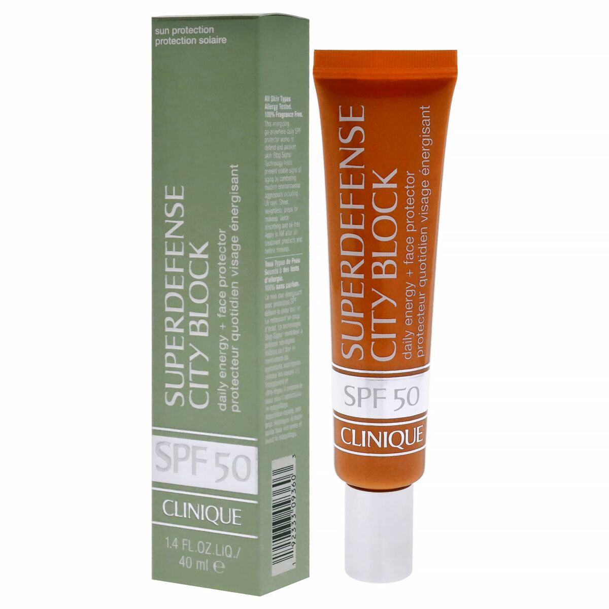 Protecteur solaire Clinique Superdefense SPF 50, crème 40 ml en tube, protection quotidienne pour peau ensoleillée.