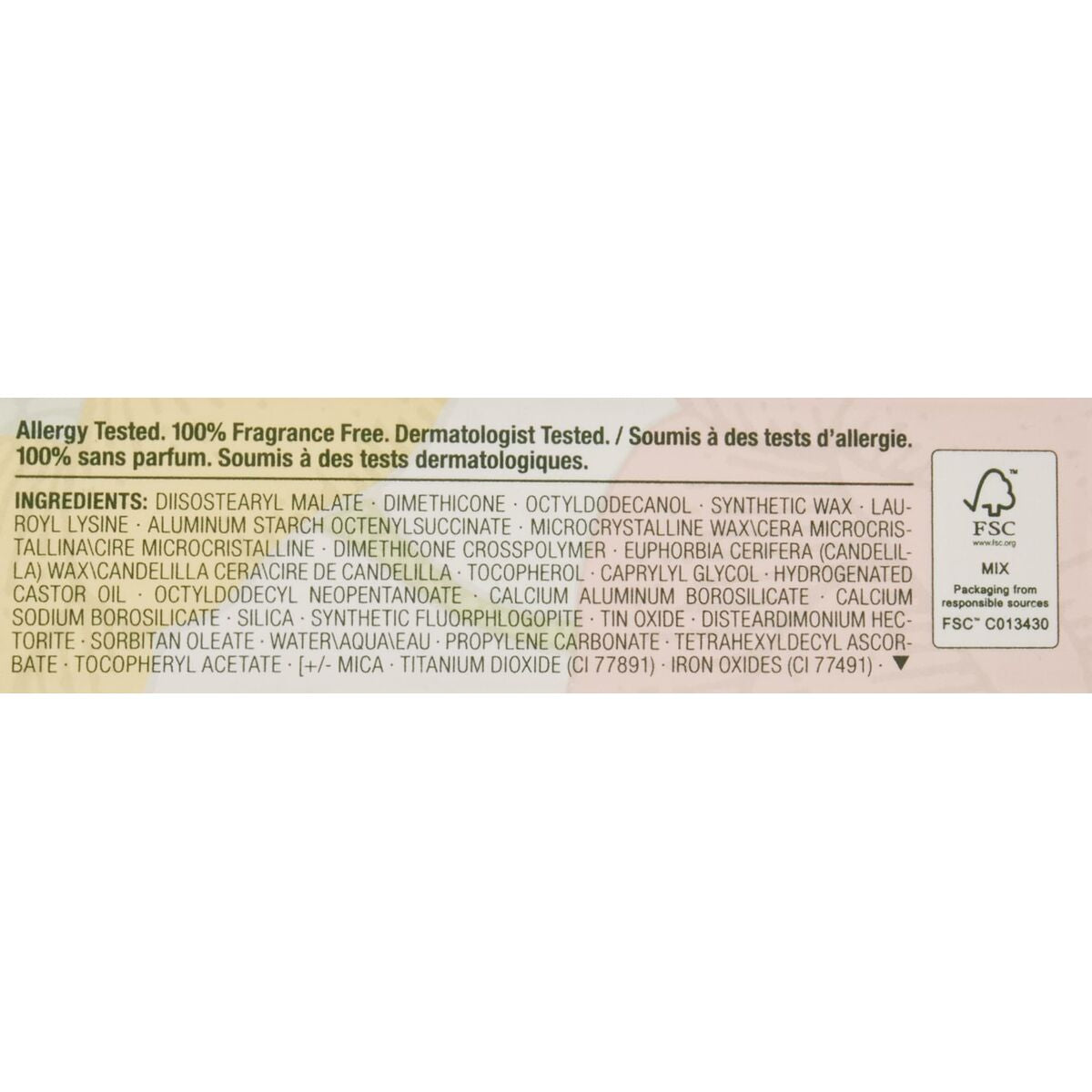 Ingredient list for Clinique POP LONGWEAR lipstick Clove Pop 3.9g, detailing allergy testing and fragrance-free formulation.