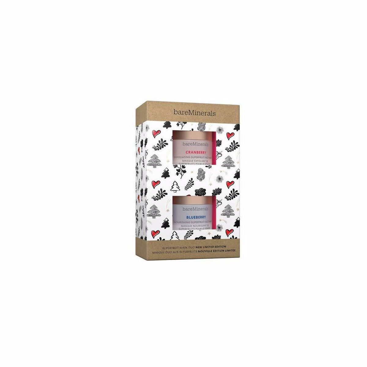 bareMinerals Superfruit Mask set featuring Cranberry and Blueberry creams in decorative packaging.