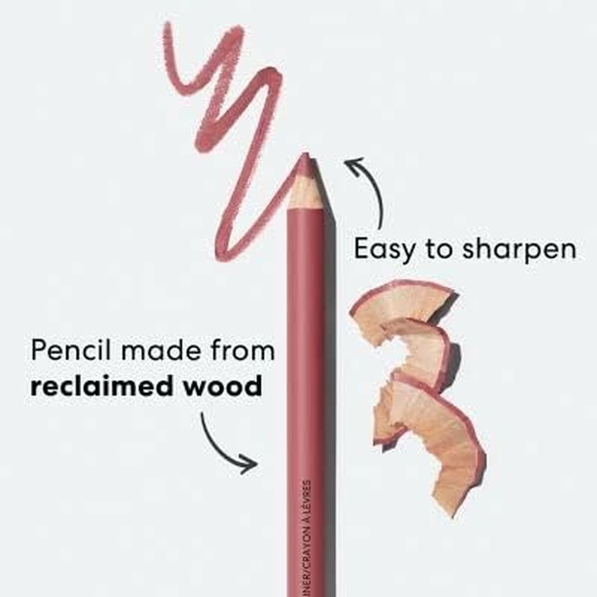 Graphical illustration of a lip pencil made from reclaimed wood, showing easy sharpening and a pink color swatch.