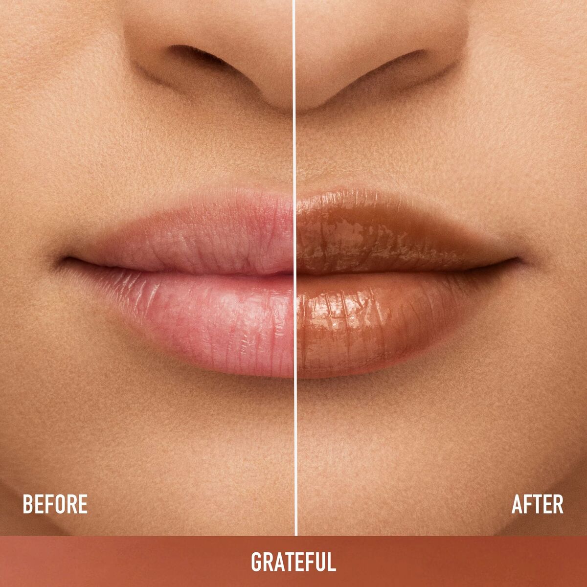 Before and after showing lips with bareMinerals DEWY LIP Grateful lipstick, highlighting natural shine and color.