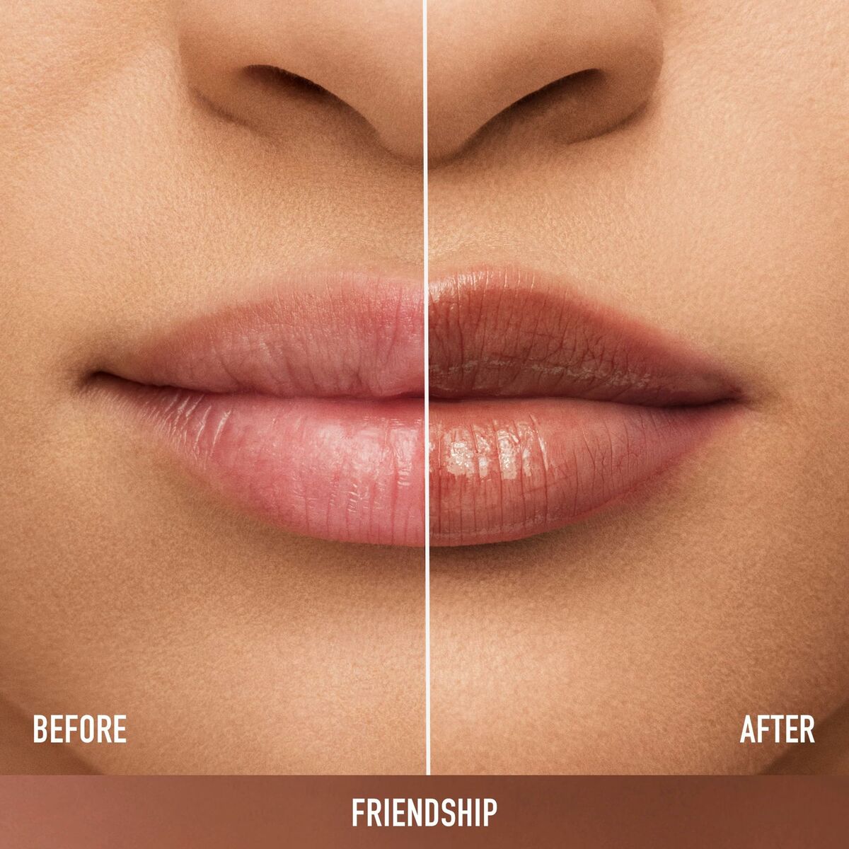 Before and after showing the effect of bareMinerals DEWY LIP Friendship lipstick on lips.
