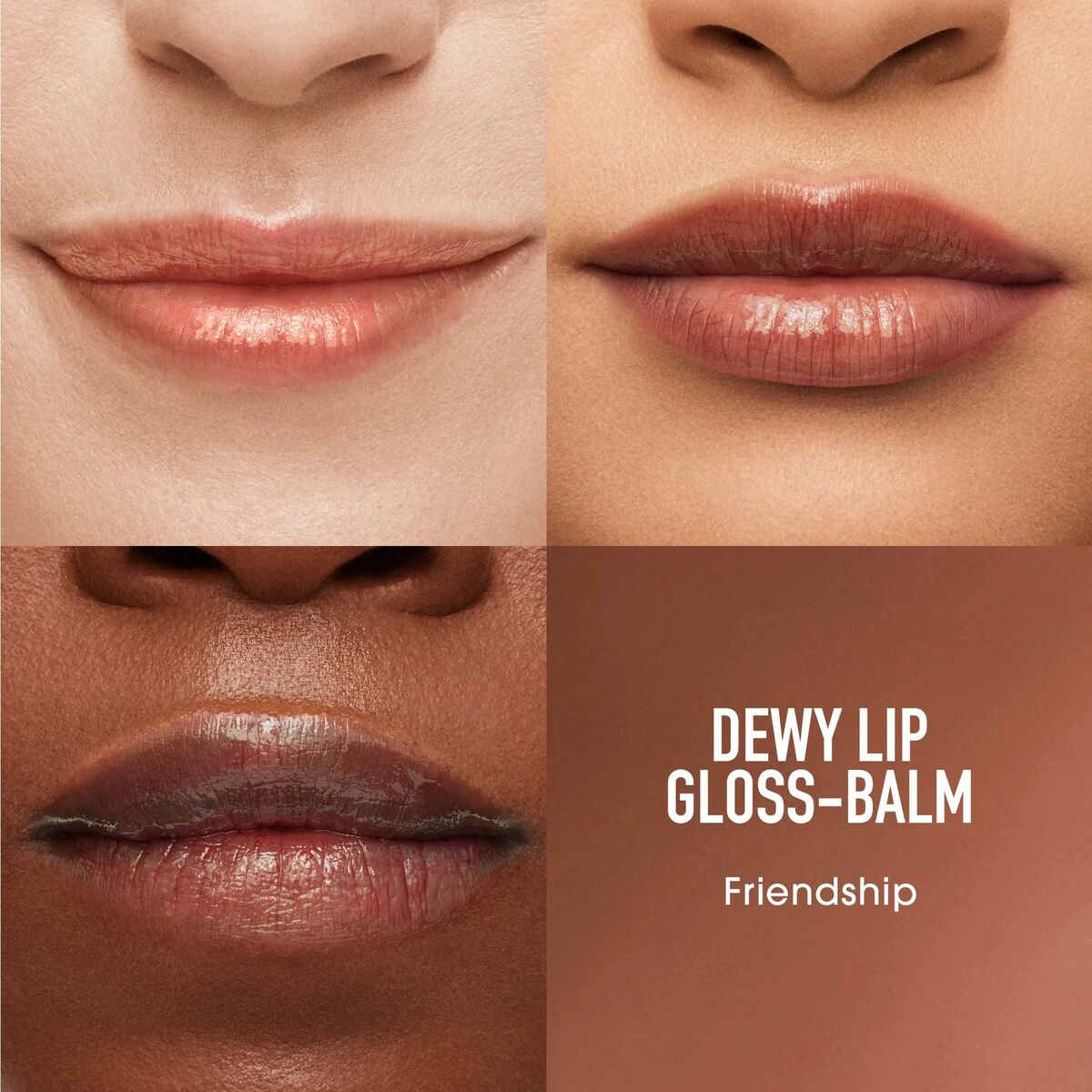 Four lip looks showcasing bareMinerals DEWY LIP Friendship gloss-balm, featuring diverse skin tones and natural shine.