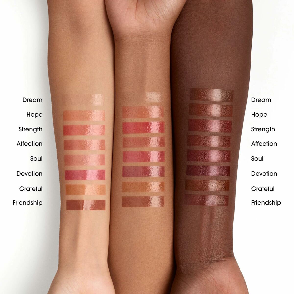 Swatches of bareMinerals DEWY LIP shades on three skin tones including Dream, Hope, Strength, Affection, and more.