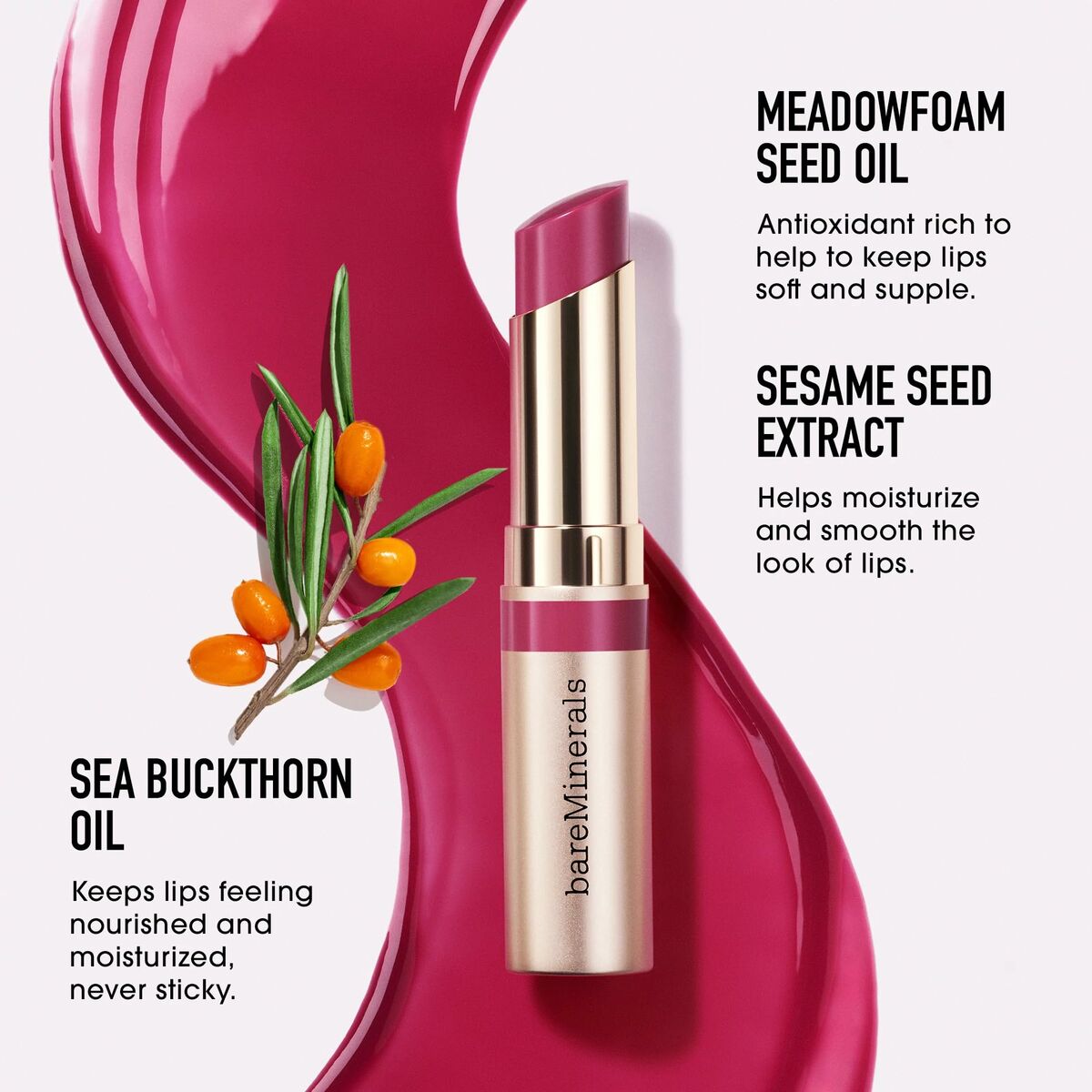 Rouge à lèvres bareMinerals DEWY LIP avec ingrédients naturels comme l'huile de graines de sésame, enrichi en antioxydants.