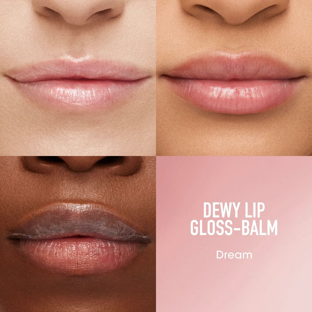 Close-up of lips wearing bareMinerals DEWY LIP dream gloss-balm showcasing different shades and textures.