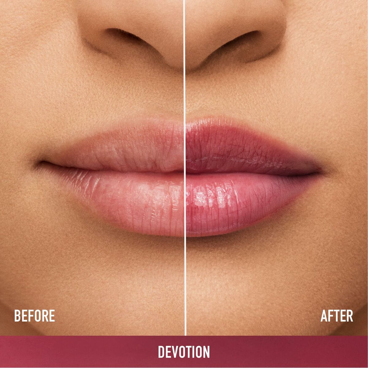 Before and after lip transformation using bareMinerals DEWY LIP Devotion, showcasing natural color and shine.