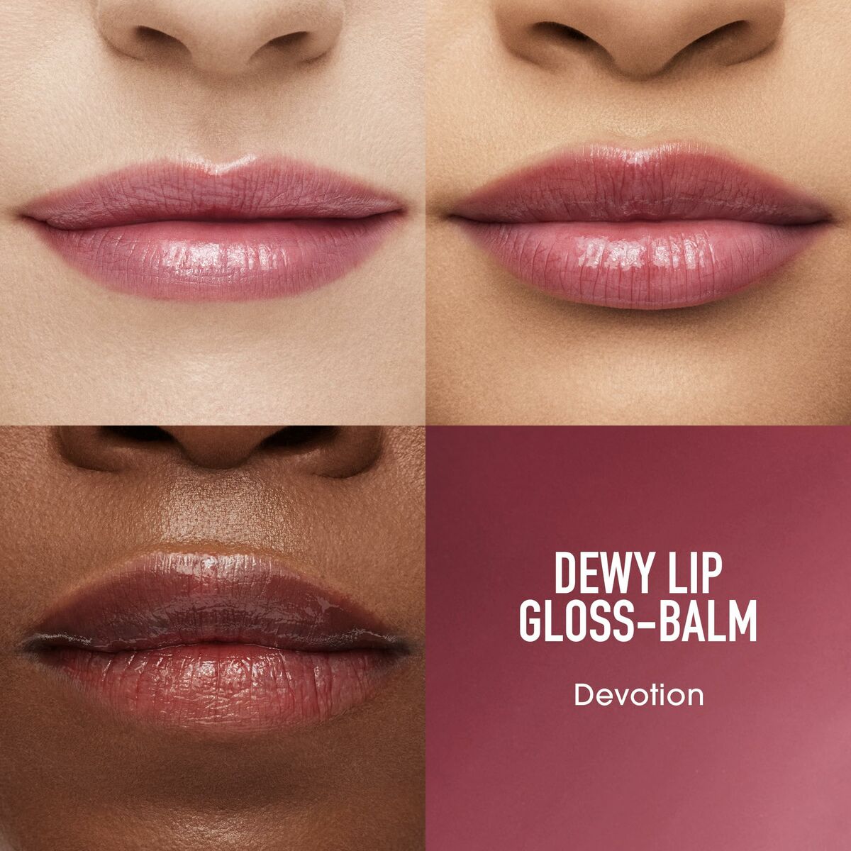 Close-up of lips wearing bareMinerals DEWY LIP Devotion gloss-balm in various skin tones.