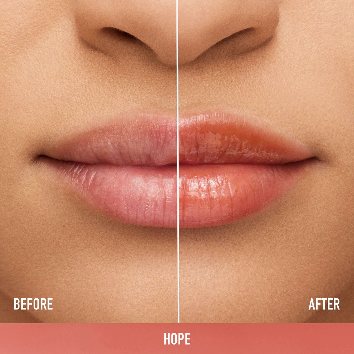 Before and after image showcasing bareMinerals DEWY LIP Orange Hope lip color transformation on lips.