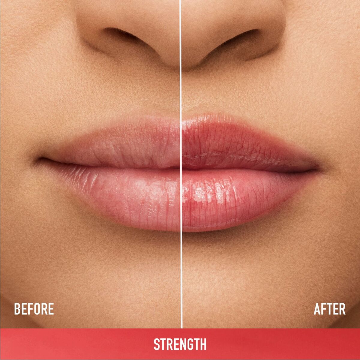 Comparative image showing lips before and after applying bareMinerals DEWY LIP 2.3g lipstick for enhanced beauty.