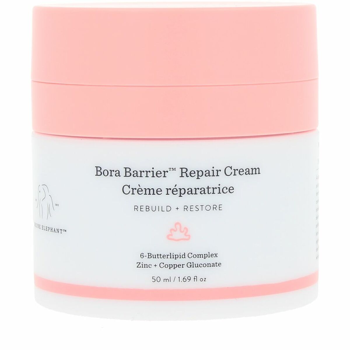 Crème réparatrice Drunk Elephant BORA BARRIE 50 ml pour une peau revitalisée et protégée, sans parfum et sans silicone.