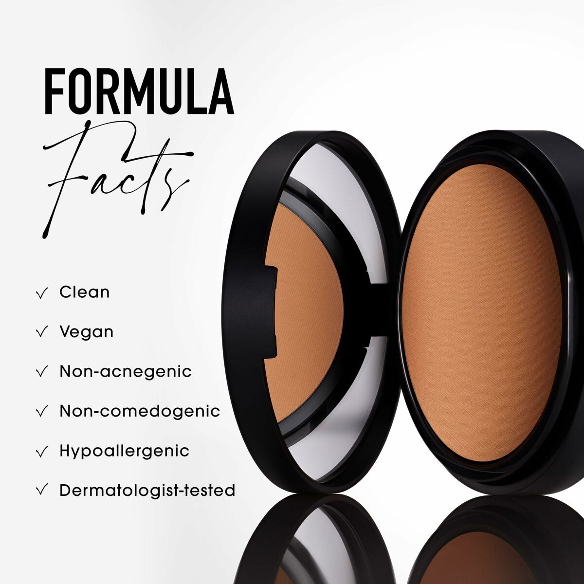 bareMinerals BAREPRO makeup set showing formula facts: clean, vegan, non-acnegenic, non-comedogenic, hypoallergenic, dermatologist-tested.