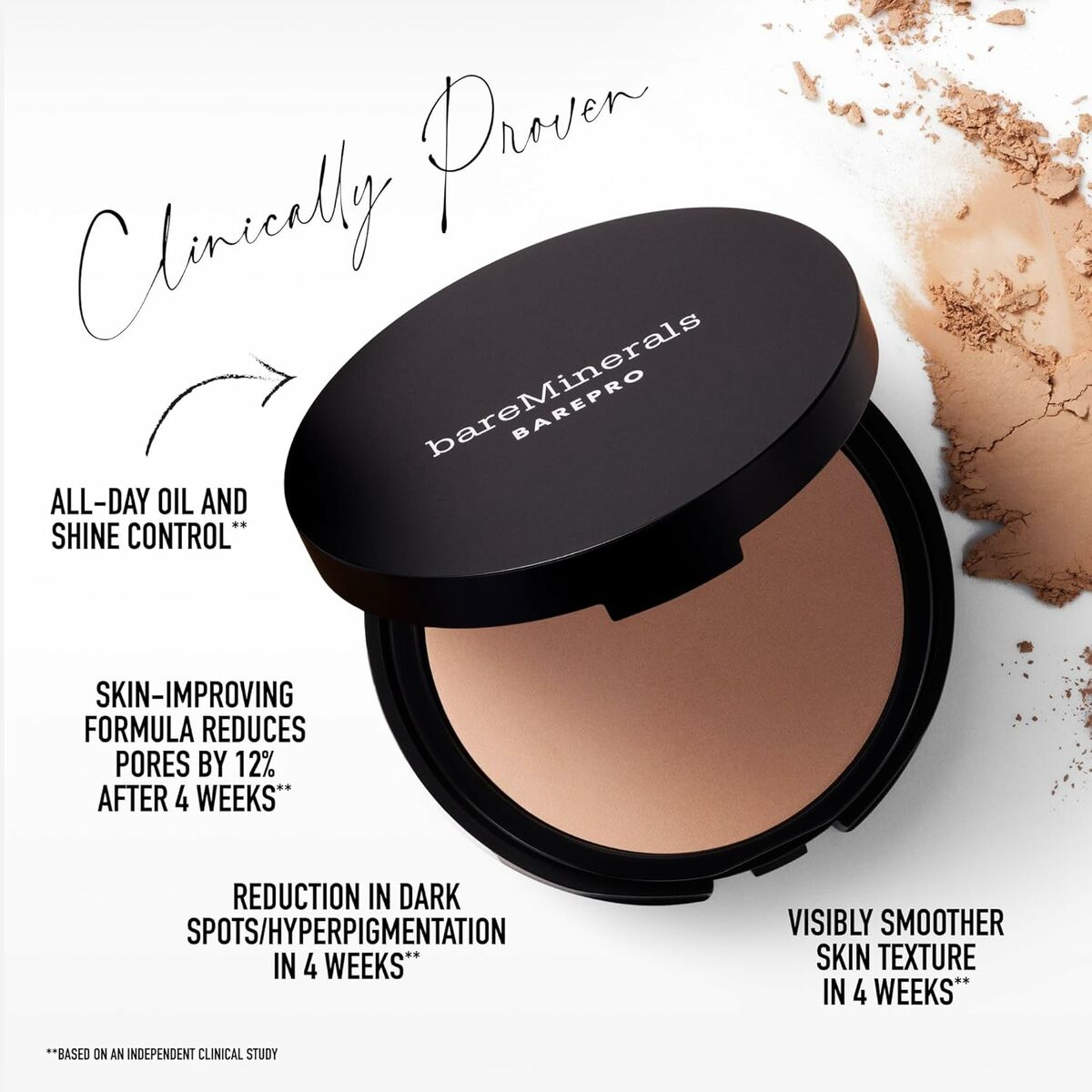 bareMinerals BAREPRO makeup compact showcasing skin-improving benefits for smoother skin and reduced shine.
