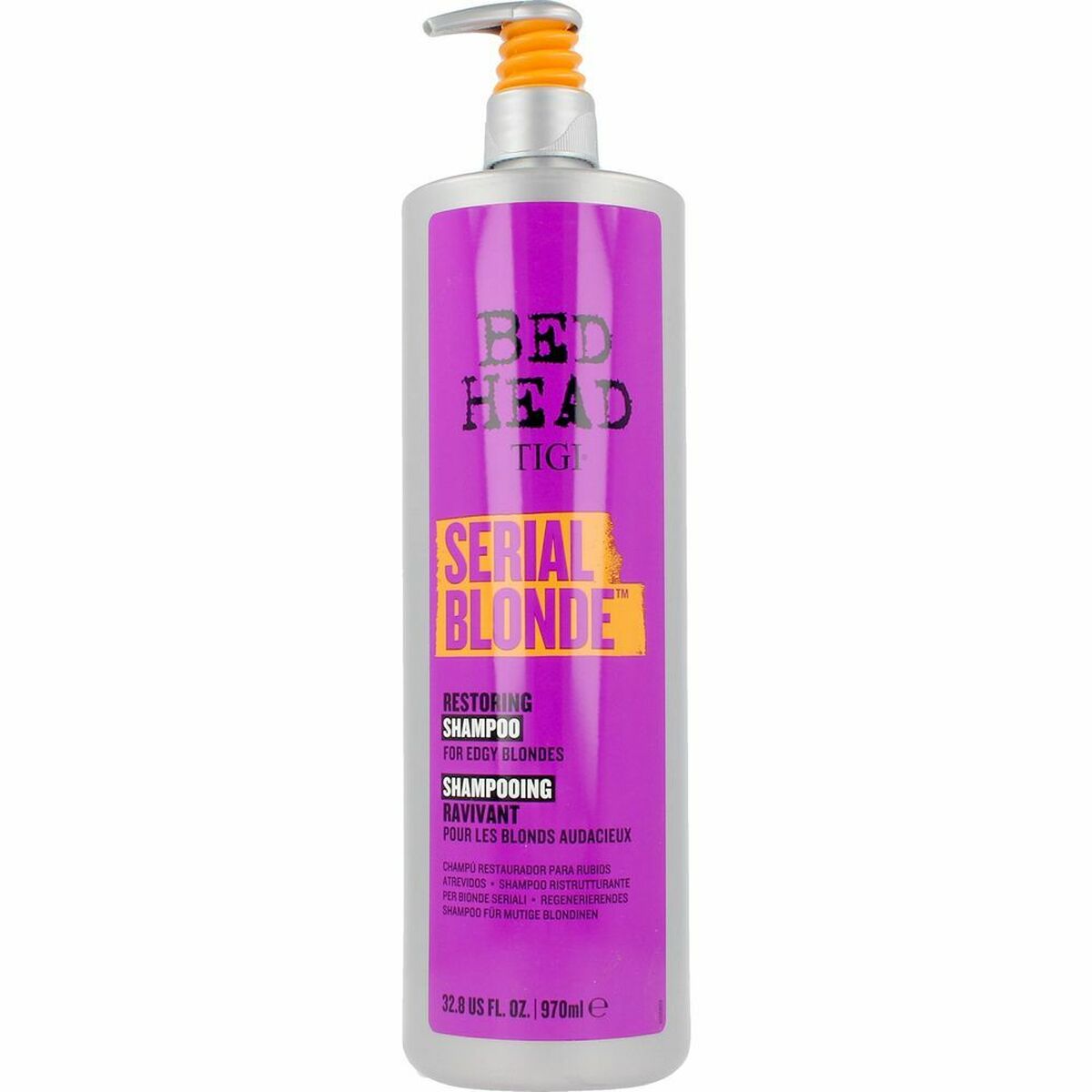 Tigi Bed Head Serial Blonde Purple Shampoo 970ml for restoring and enhancing blonde hair.