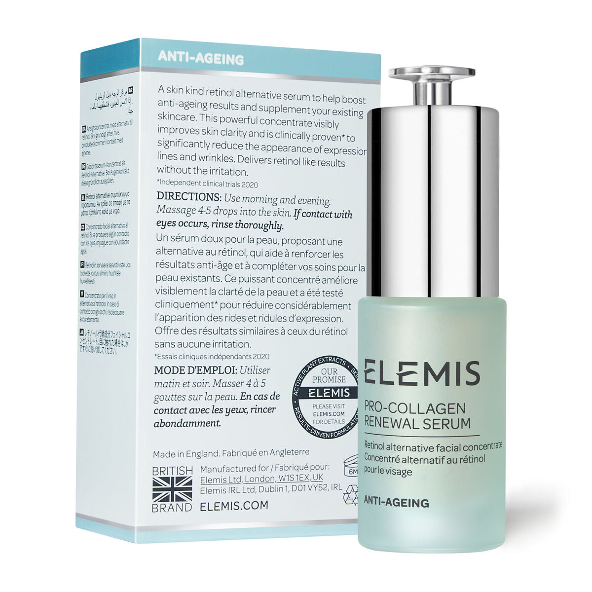 Sérum anti-âge Elemis Pro-Collagen Renewal, flacon de 15 ml pour soins de la peau.
