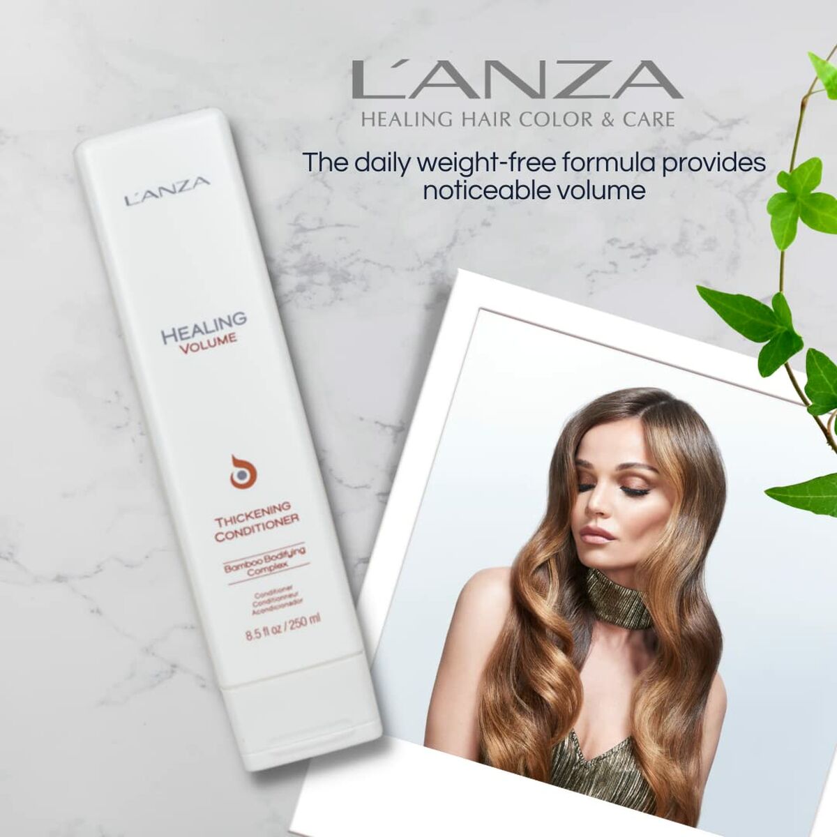 L'ANZA Healing Volume thickening conditioner for noticeable volume in hair, 250ml tube on display.