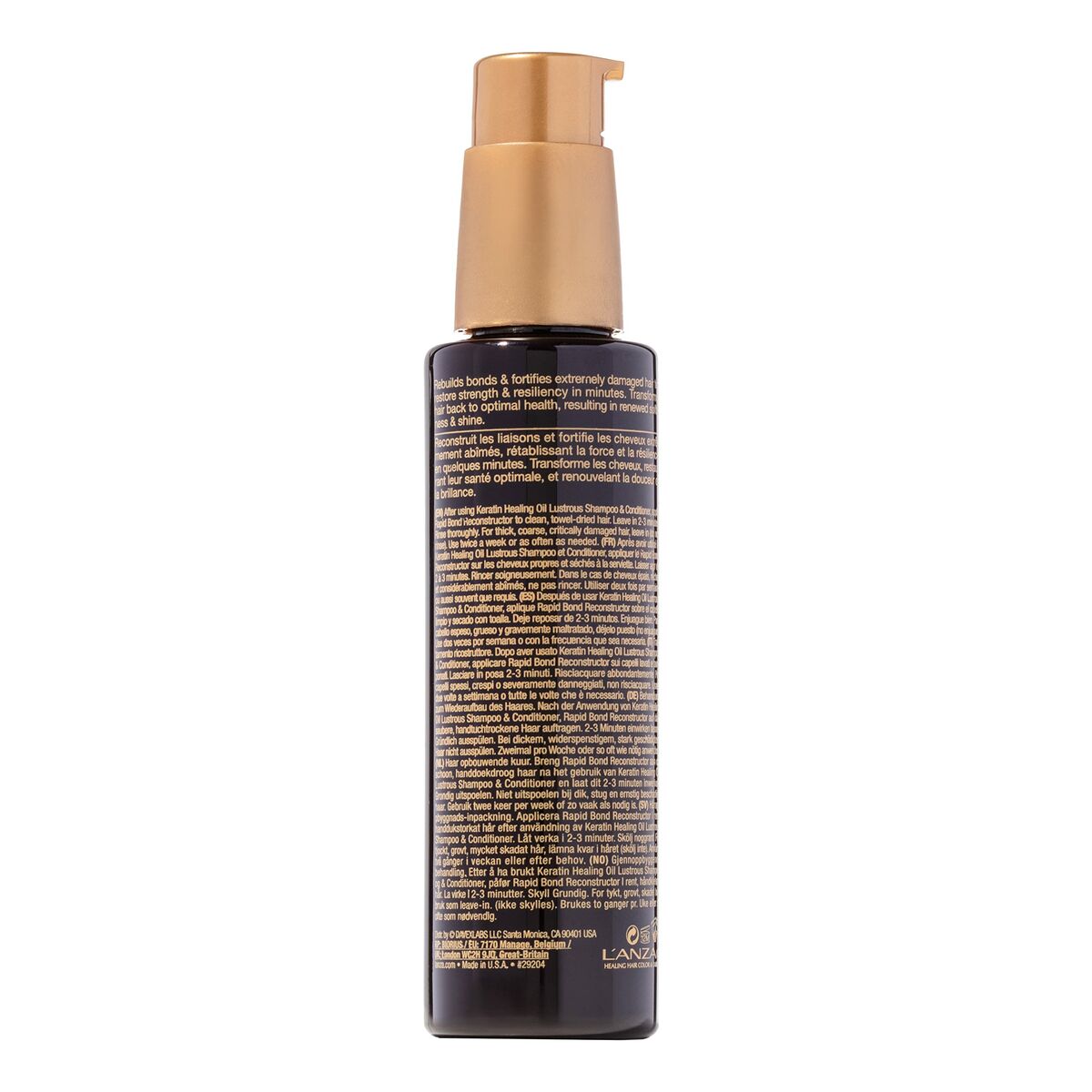Crème stylisant L'ANZA Keratin Healing Oil 100 ml, bouteille avec texte d'ingrédients au dos, soin des cheveux abîmés.