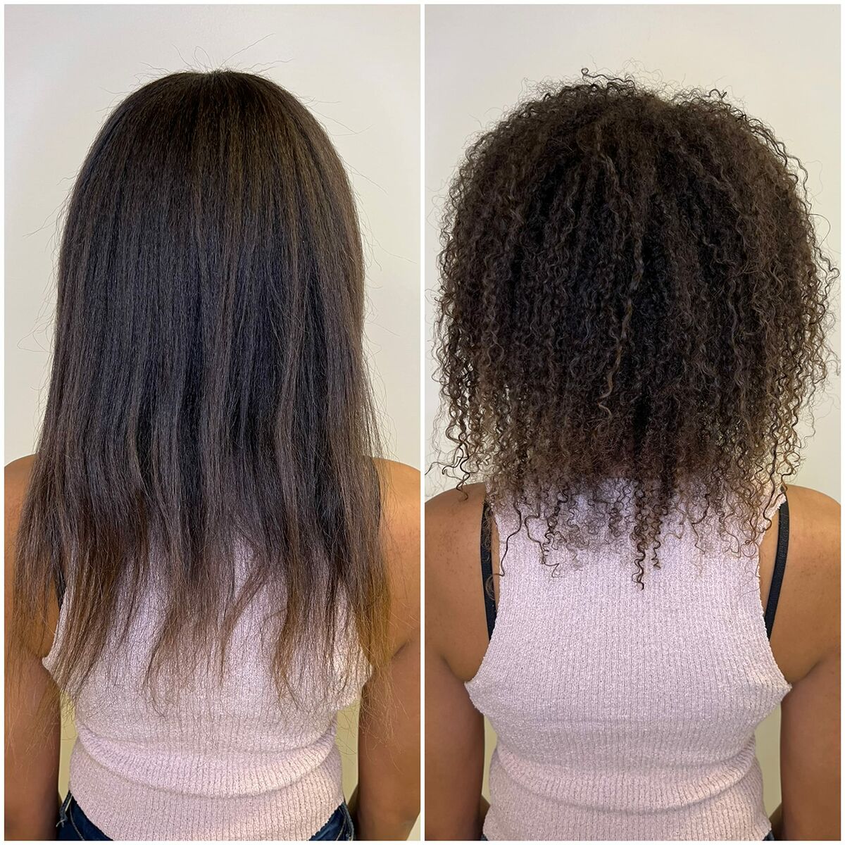 Before and after using L'ANZA Healing Curls conditioner, showcasing transformed curls and enhanced texture.