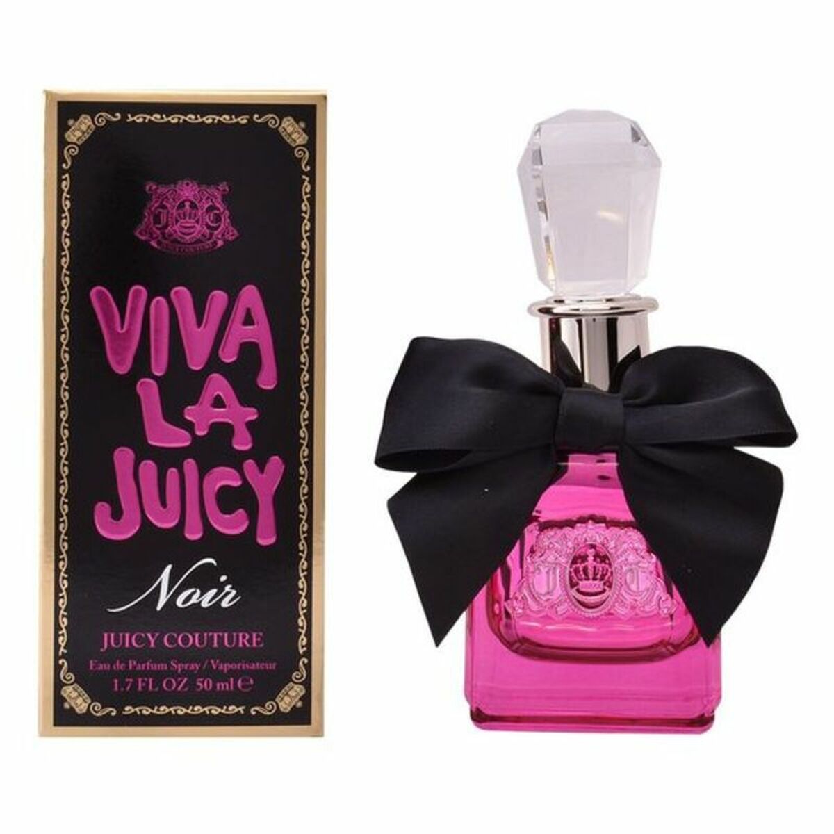 Juicy Couture Viva La Juicy EDP 50ml perfume bottle with black ribbon and elegant packaging.