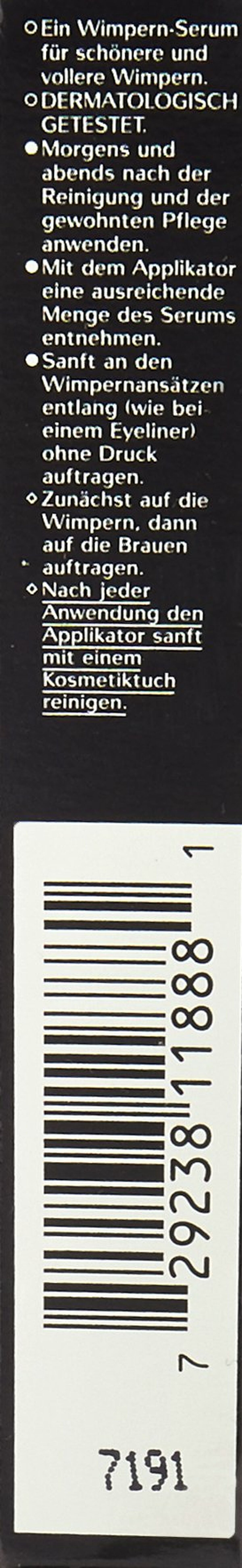 Étiquette arrière du sérum pour cils, avec instructions et code-barres, produit de soin pour les cils.