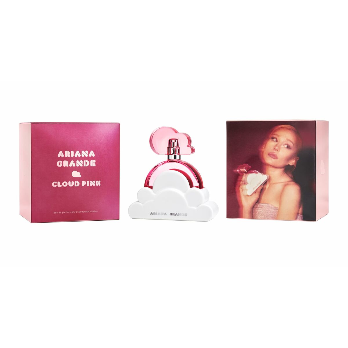 Ariana Grande Cloud Pink EDP perfume bottle with packaging, featuring a whimsical cloud design and promotional photo.