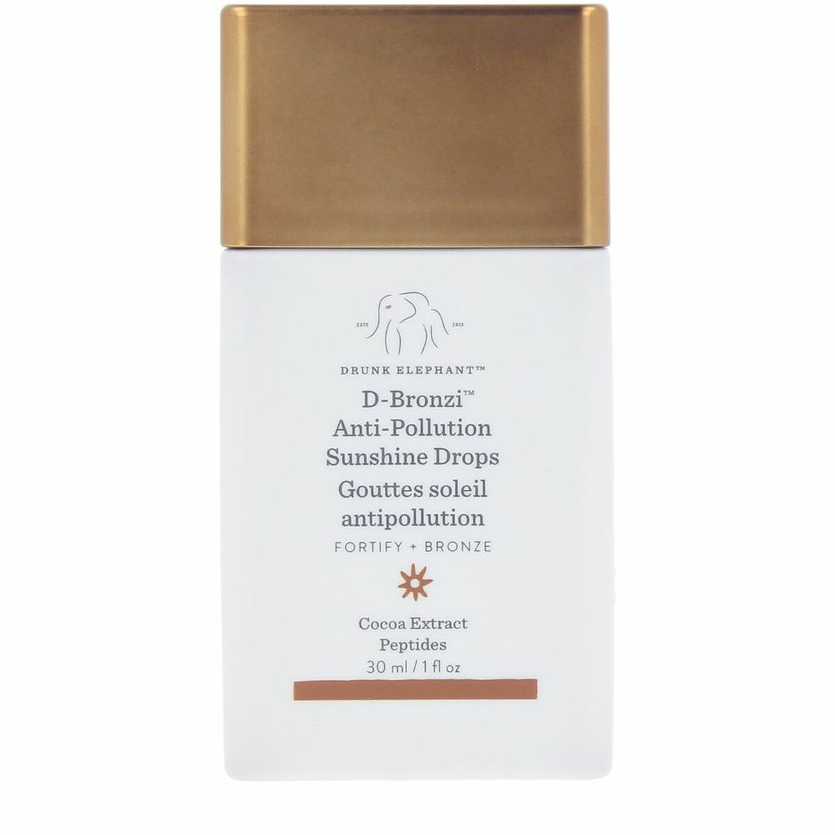 Nettoyant visage Drunk Elephant D-BRONZI ANTI-POLLUTION 30 ml, gouttes soleil antipollution pour un bronzage naturel et lumineux.
