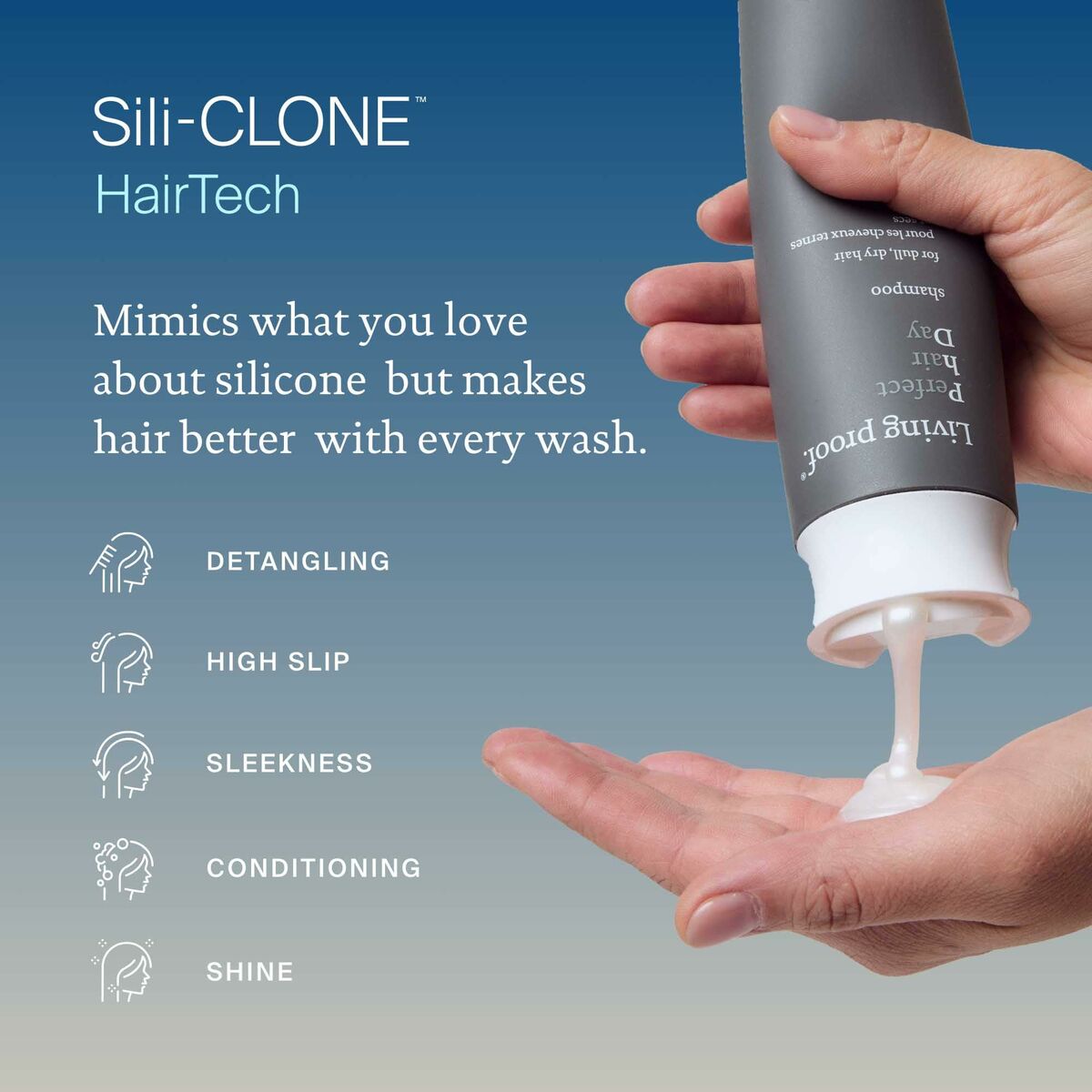 Sili-CLONE HairTech product being applied, highlighting benefits like detangling and conditioning.