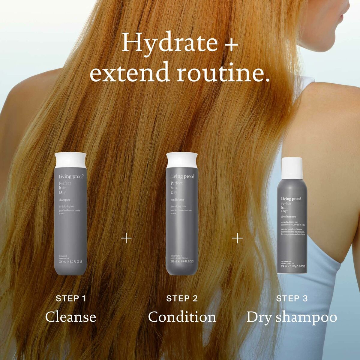 Routine pour cheveux : hydratez et prolongez avec le shampoing, l'après-shampoing et le shampoing sec Living Proof.