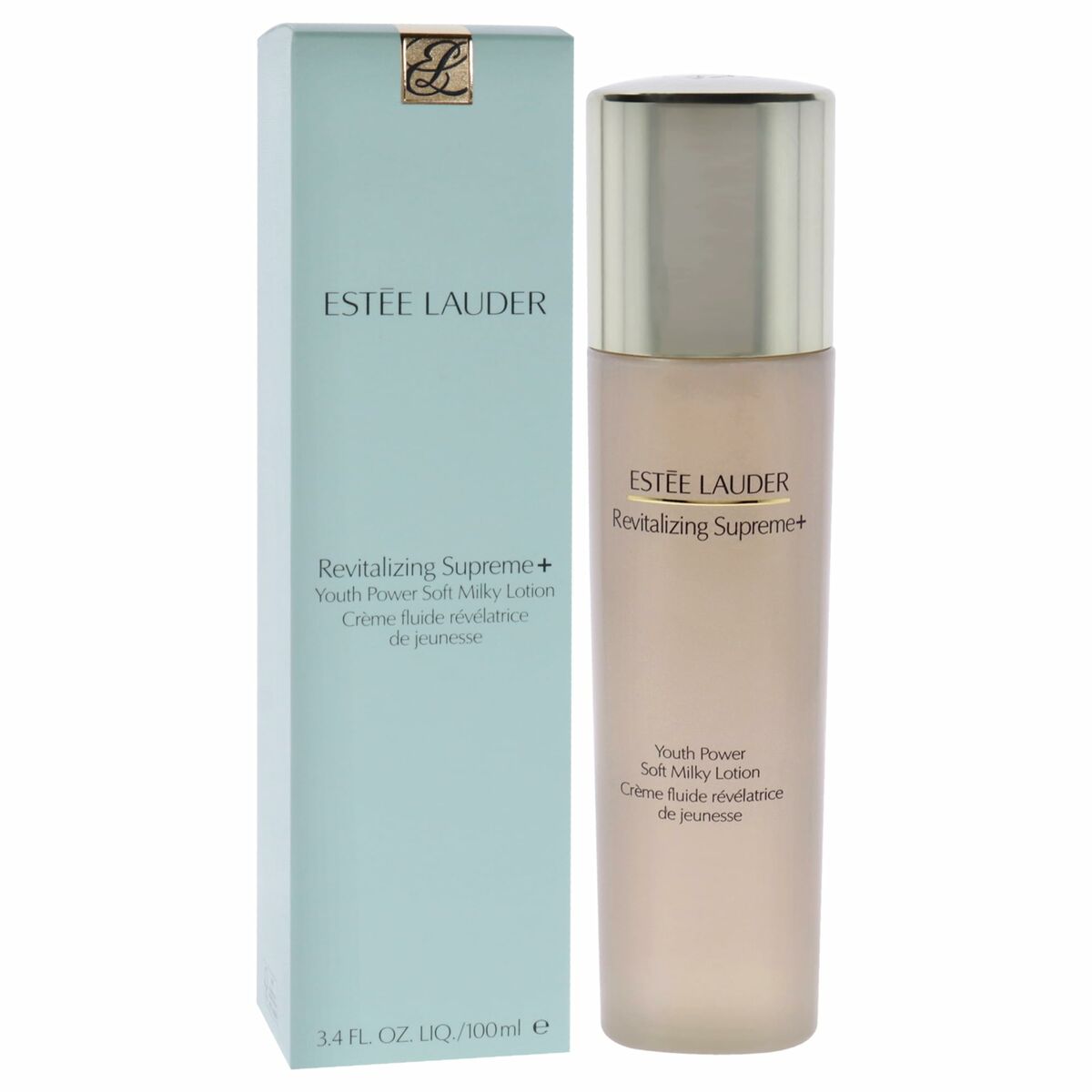 Estee Lauder Revitalizing Supreme+ 100 ml youth power lotion, soft milky texture for rejuvenating skin.