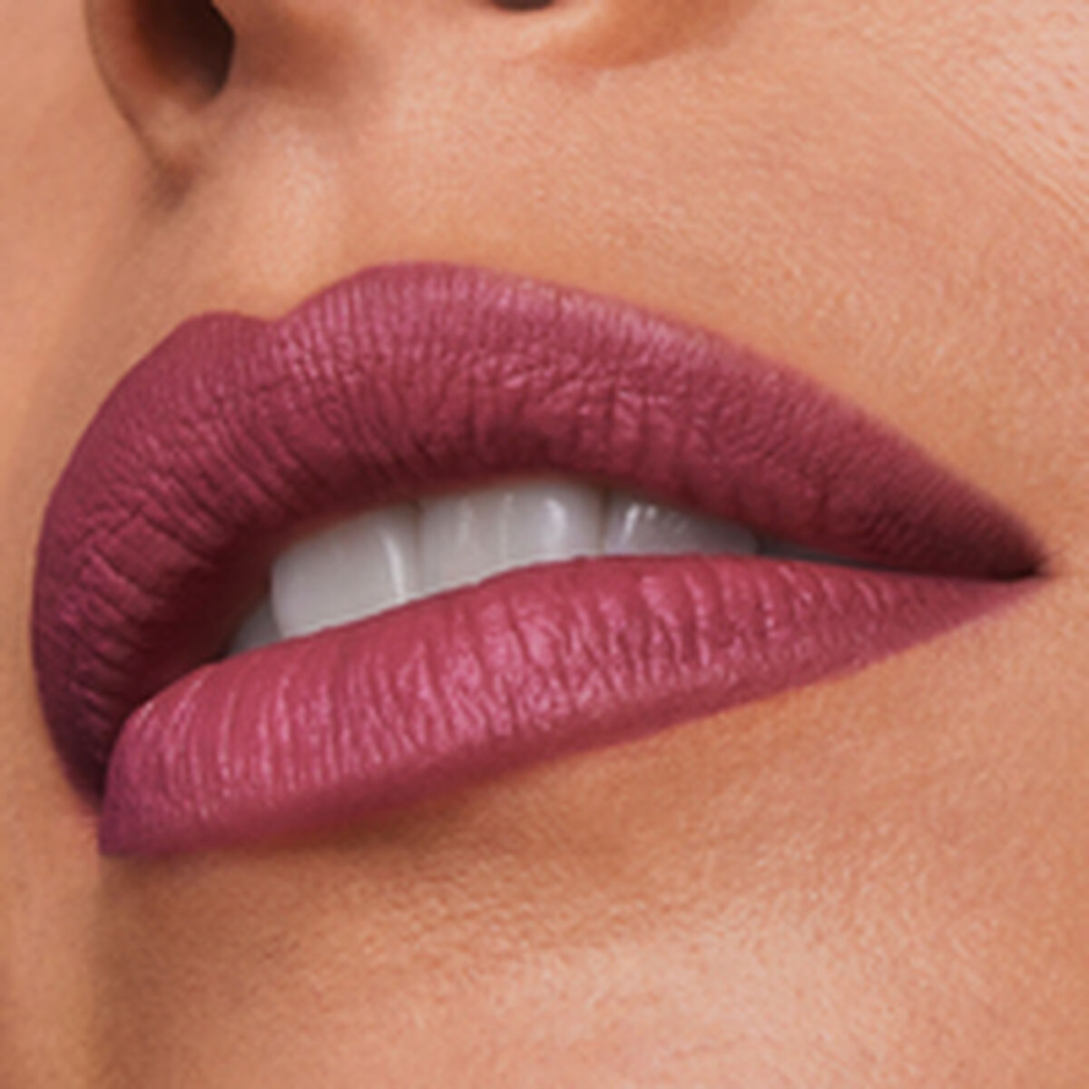 Close-up of lips wearing Estee Lauder Pure Color lipstick in Maryland, showcasing a rich mauve shade.
