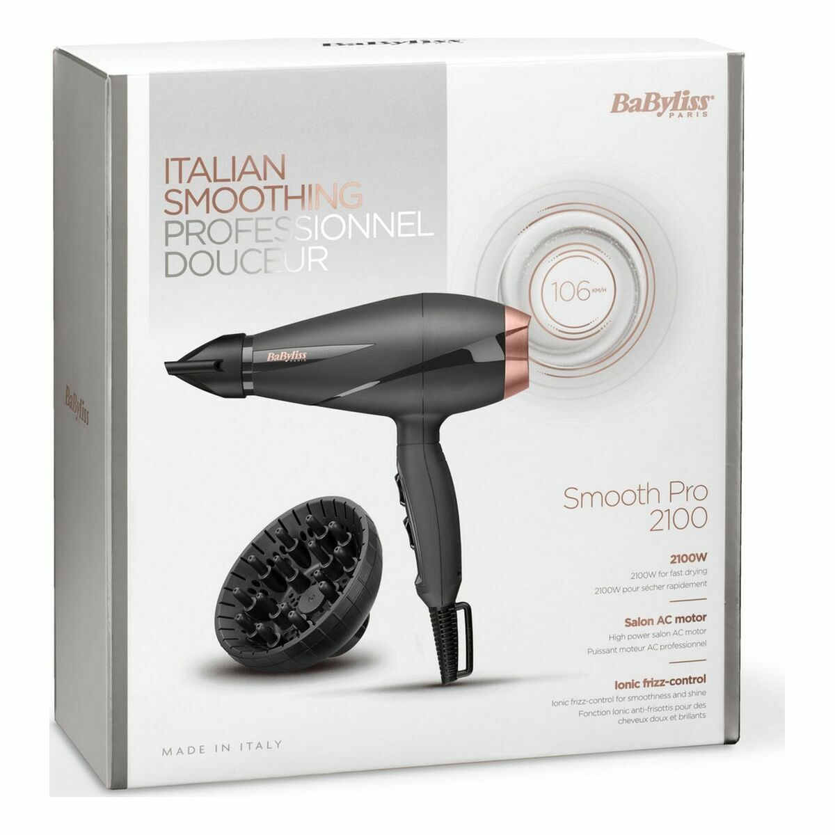 Sèche-cheveux Babyliss Smooth Pro 2100, 2100W, moteur AC, design professionnel, couleur noir et rose.