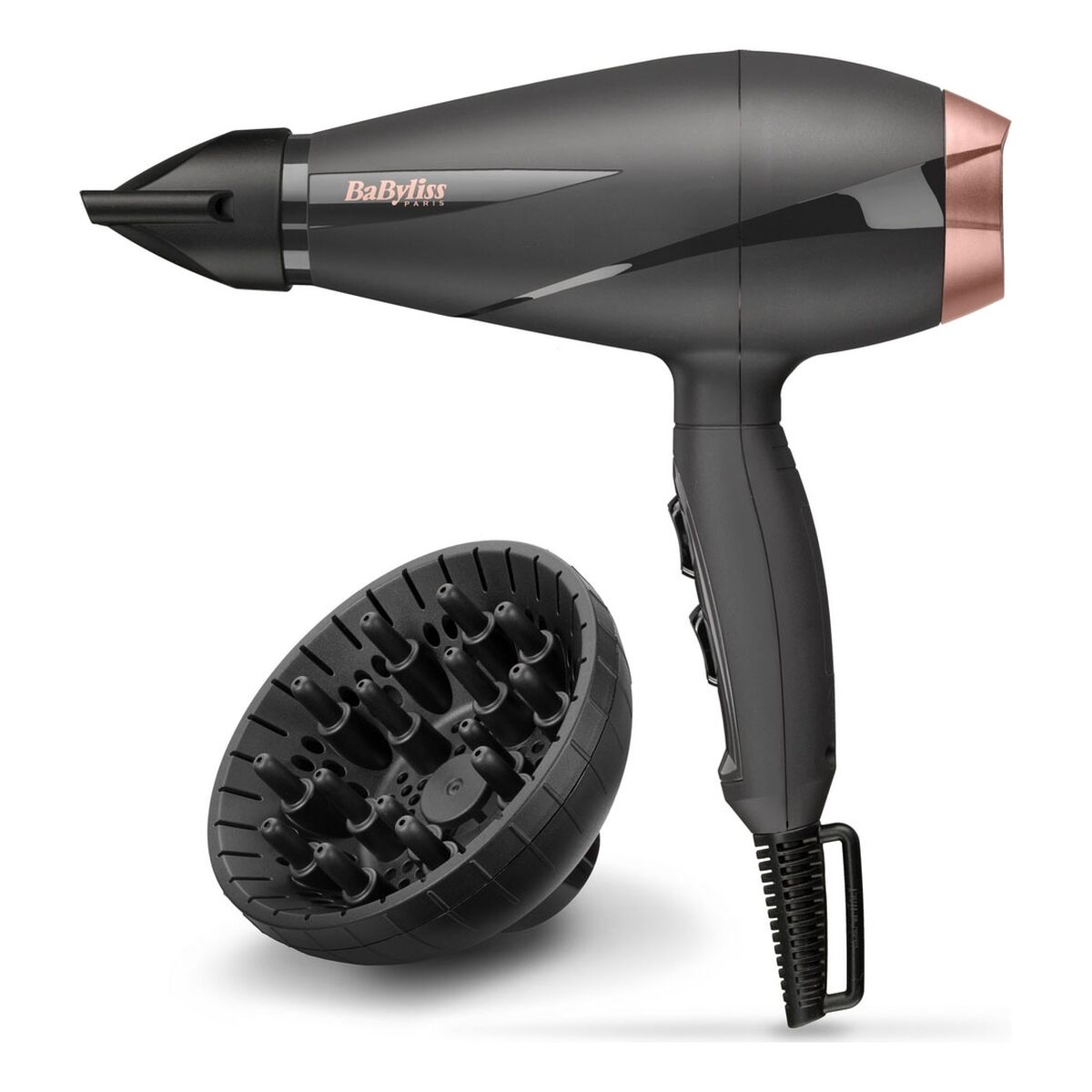 Sèche-cheveux Babyliss Smooth Pro 2100 avec diffuseur, couleur noir et rose doré.