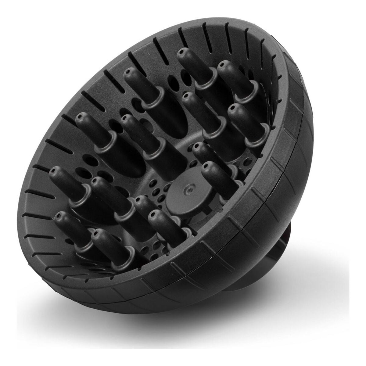 Accessoire pour sèche-cheveux, diffuseur noir pour coiffures bouclées et volumineuses.