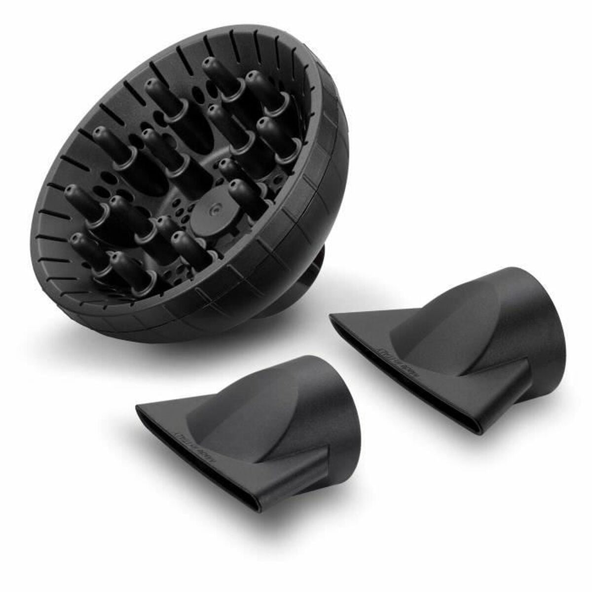 Accessoires de coiffure pour sèche-cheveux, y compris un diffuseur et deux embouts de style noir.