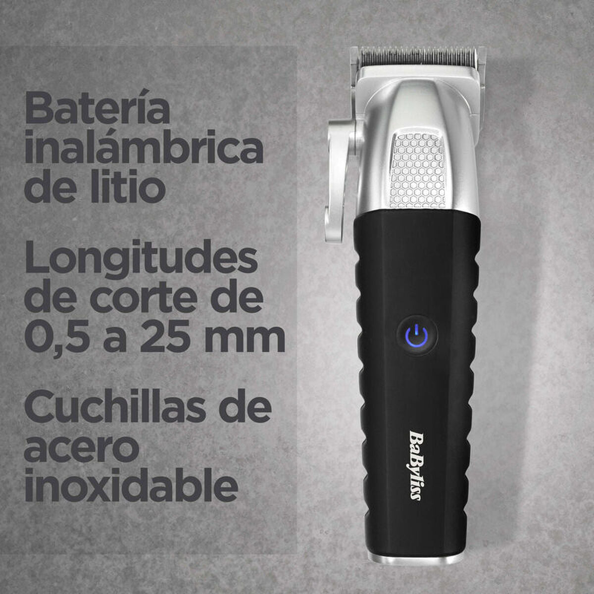 Tondeuse Babyliss E812E, tondeuse sans fil avec batterie lithium, longueurs de coupe de 0,5 à 25 mm, et lames en acier inoxydable.