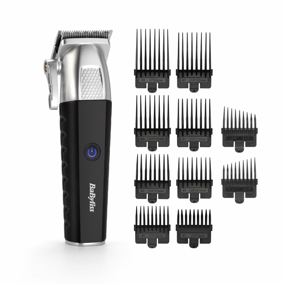 Tondeuse Babyliss E812E avec 10 peignes de coupe, design ergonomique et rechargeable, parfait pour la tonte à domicile.