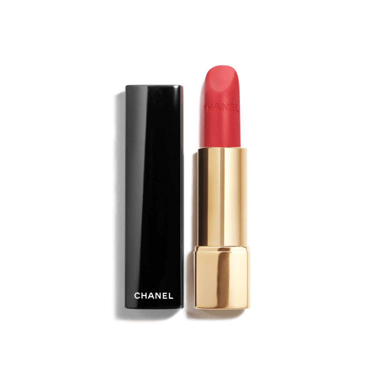 Chanel Rouge Allure Velvet Nº 47-flaboyante lipstick in red, elegant packaging with black and gold casing.