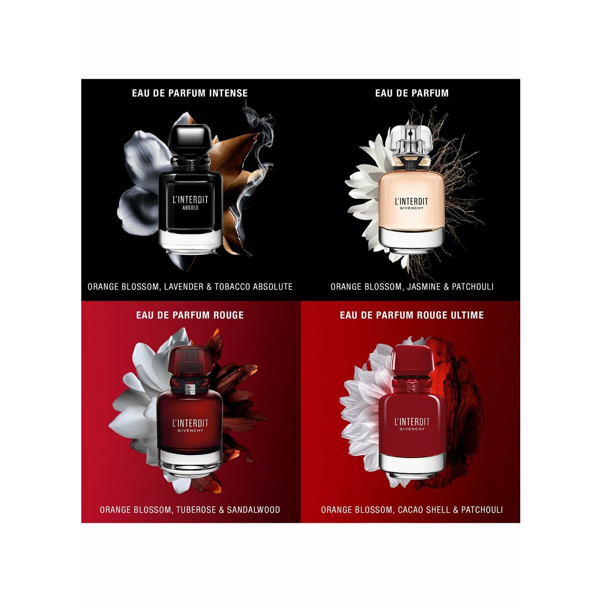 Collection of Givenchy L'Interdit perfumes showcasing various scents in elegant bottles.