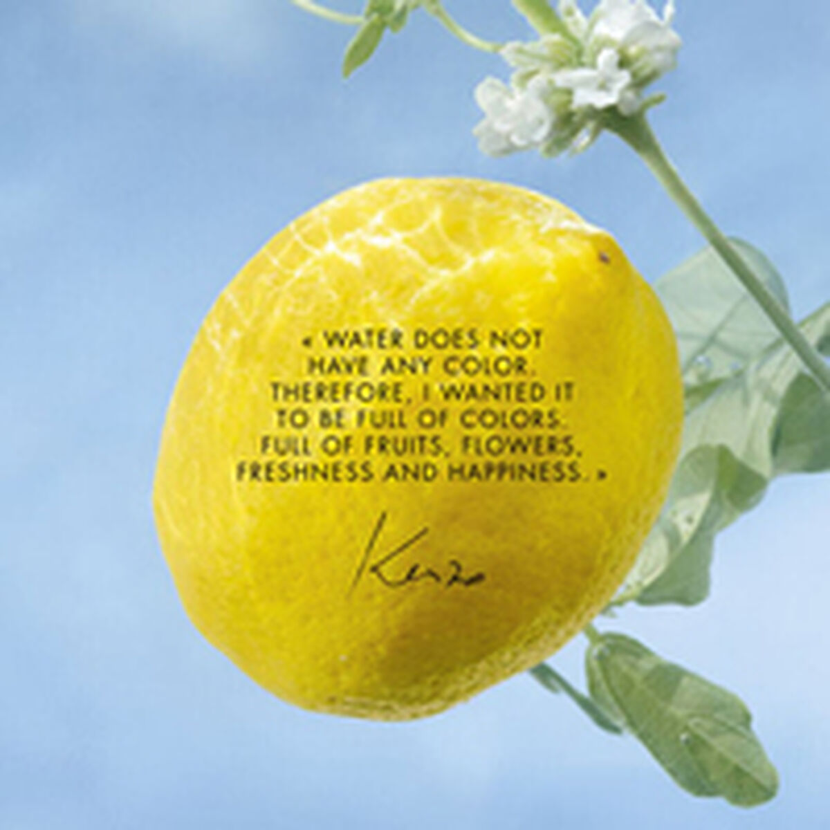 Lemon with a quote by Kenzo about water's colorfulness and the vibrance of fruits, flowers, and happiness.