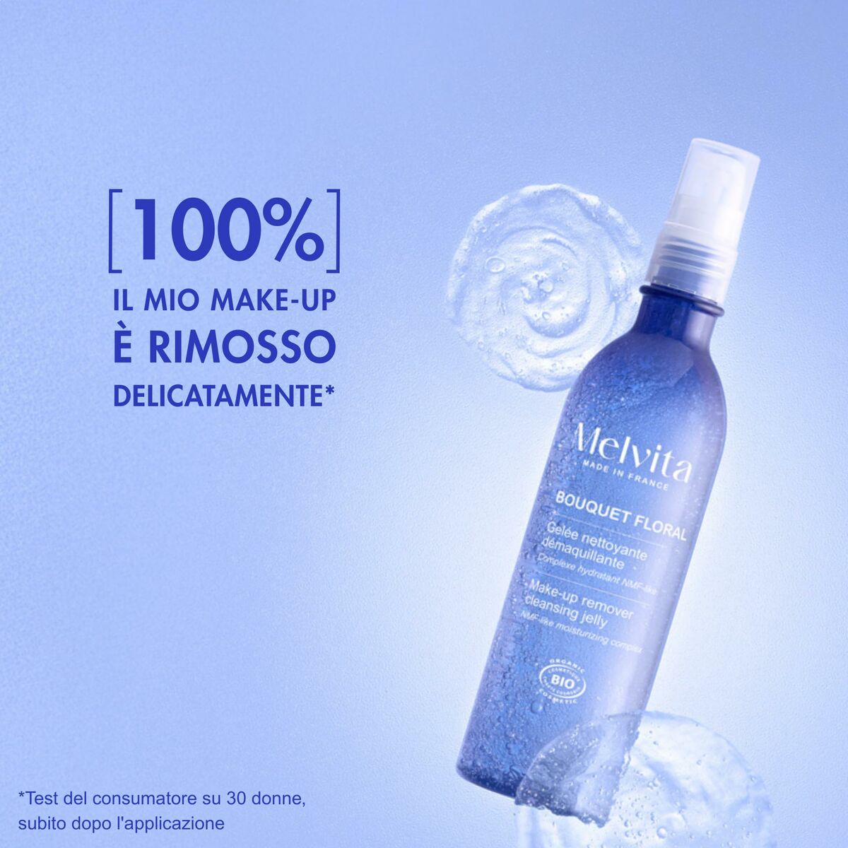Démaquillant visage Melvita BOUQUET FLORAL DETOX dans un spray bleu, mousse délicate pour le maquillage.