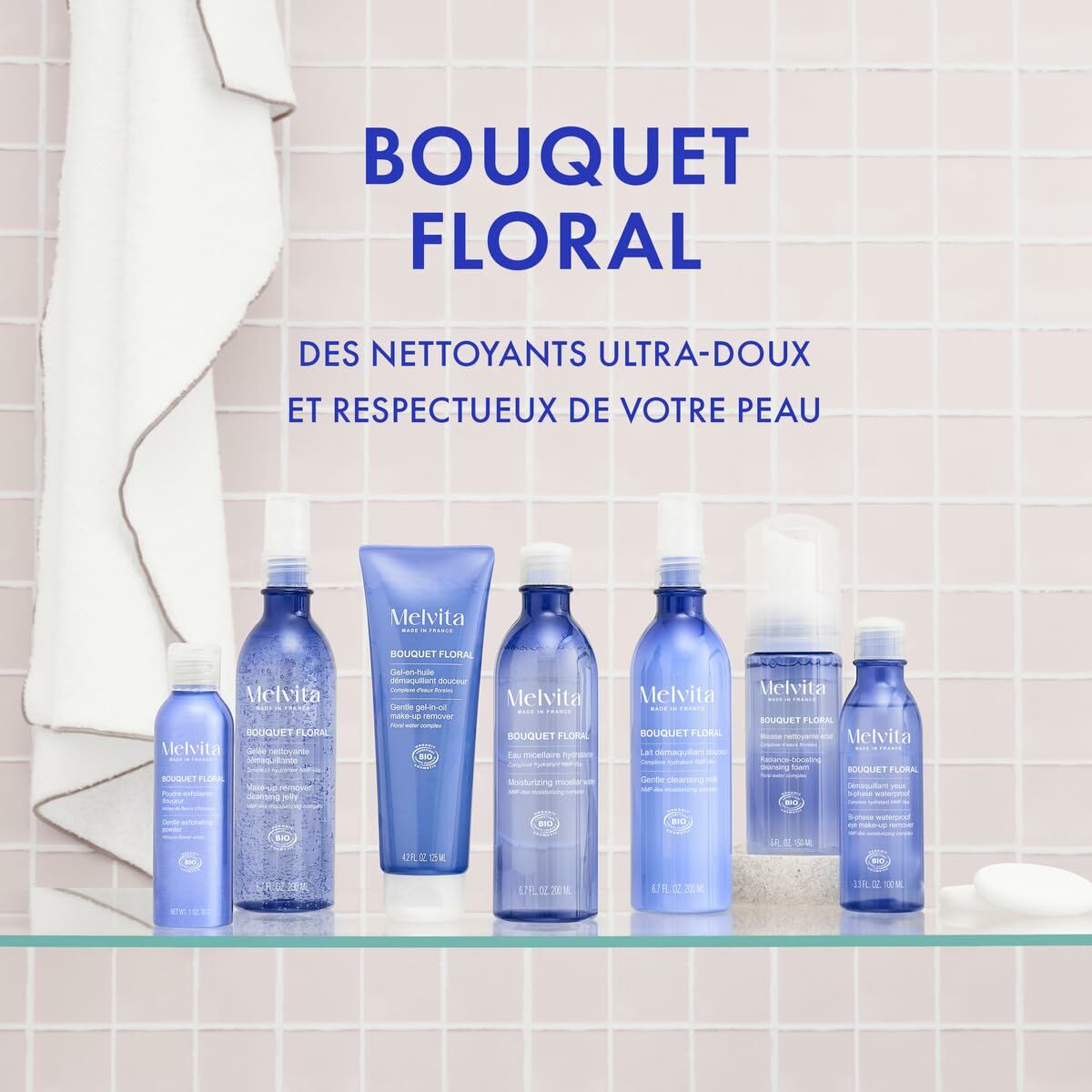 Melvita Bouquet Floral range featuring gentle cleansers, showcasing skincare products for sensitive skin.
