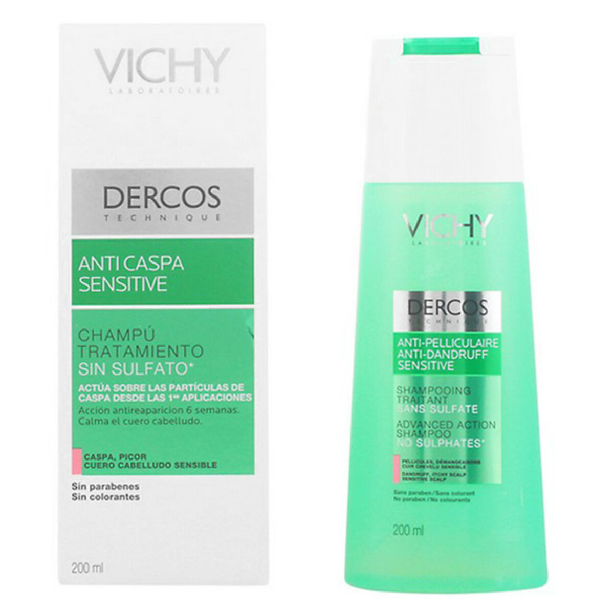 Shampooing antipelliculaire Dercos Vichy 200ml, traitement doux sans sulfates pour cuir chevelu sensible.