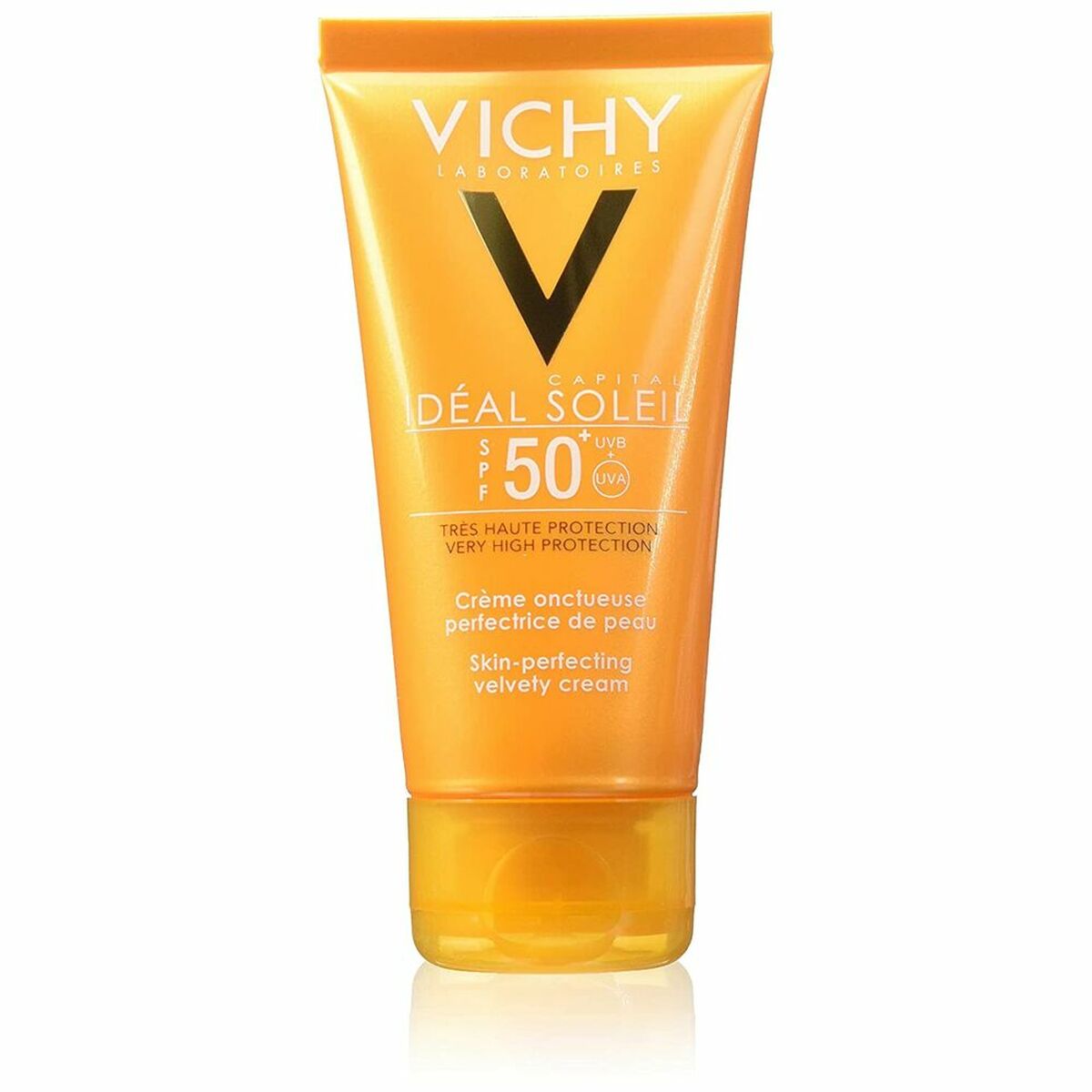 Crème solaire Vichy Capital Soleil SPF 50+ pour peau sensible, waterproof, finition veloutée.