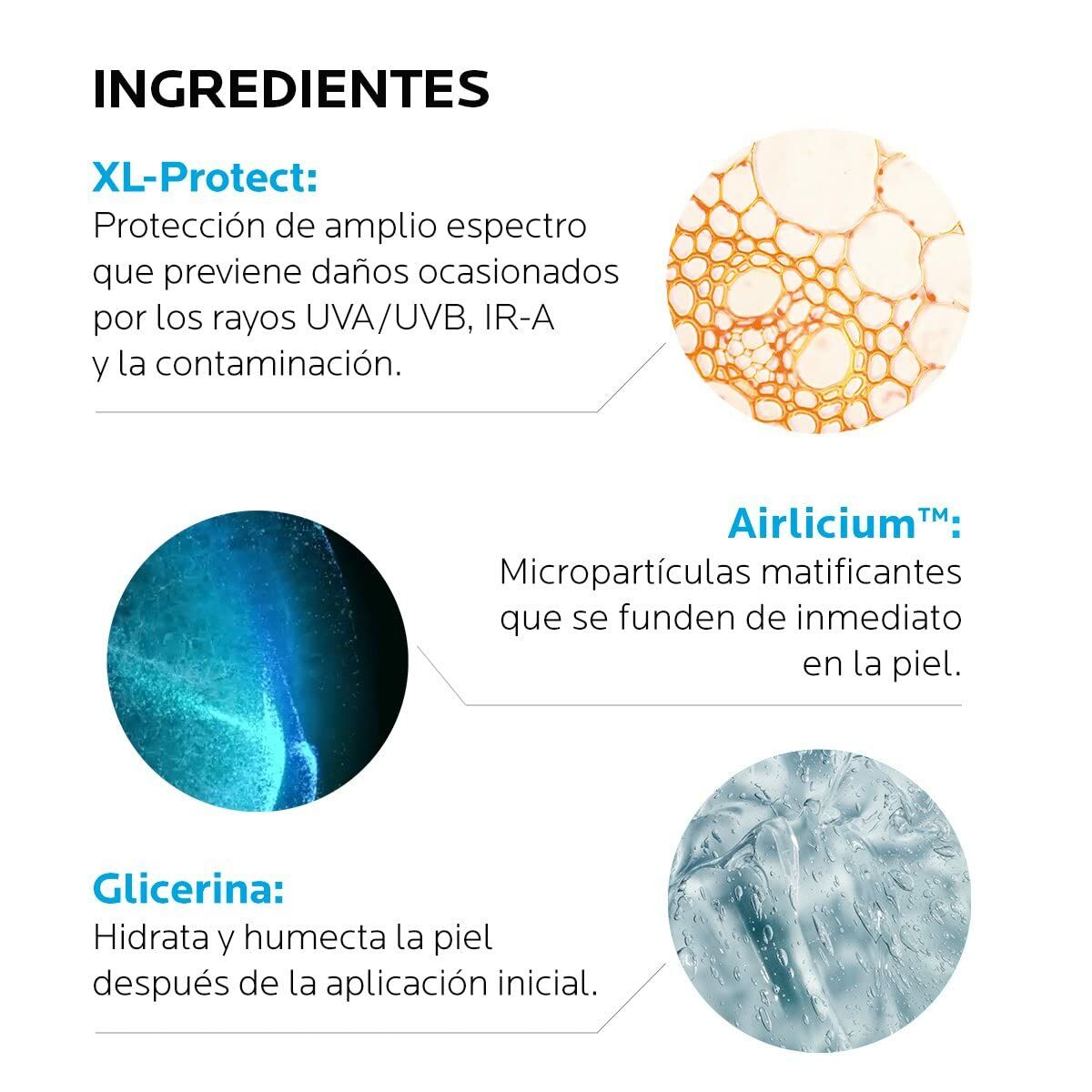 Ingredients of La Roche Posay Anthelios Gel Sunscreen: XL-Protect, Airlicium, and Glycerin for skin hydration and protection.