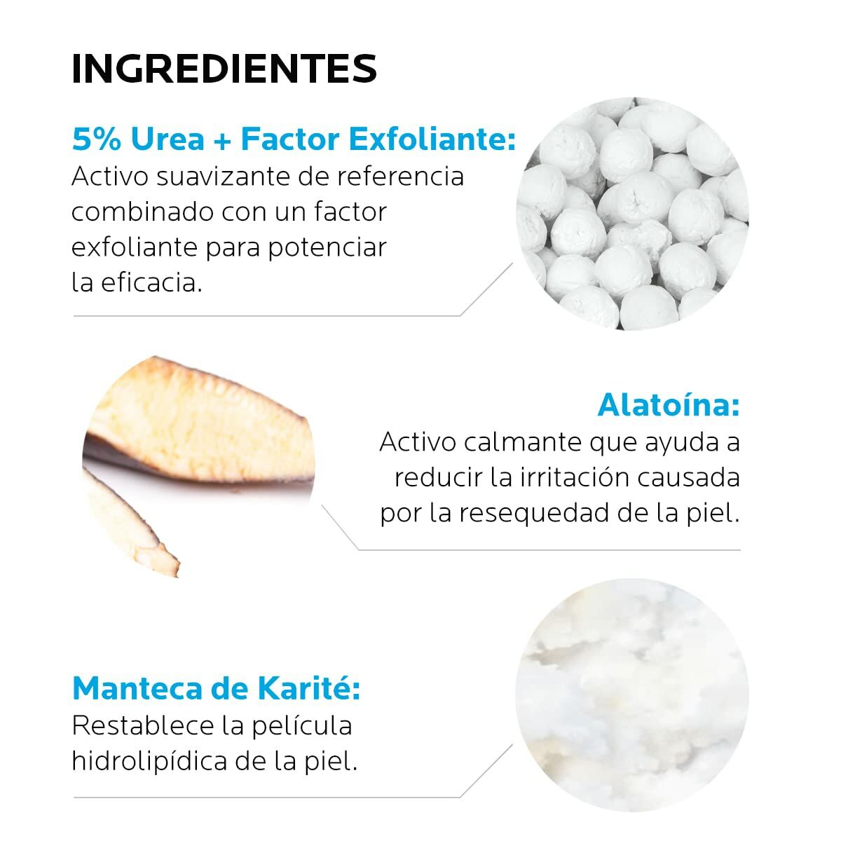 Ingredient list for moisturizing lotion including 5% Urea, Alatoin, and Shea Butter for skin hydration.