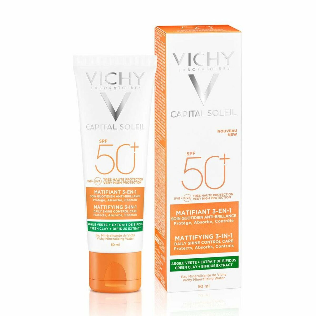 Vichy Capital Soleil 3-in-1 Matifiant cream with SPF 50 for matte skin and UV protection, 50ml tube.